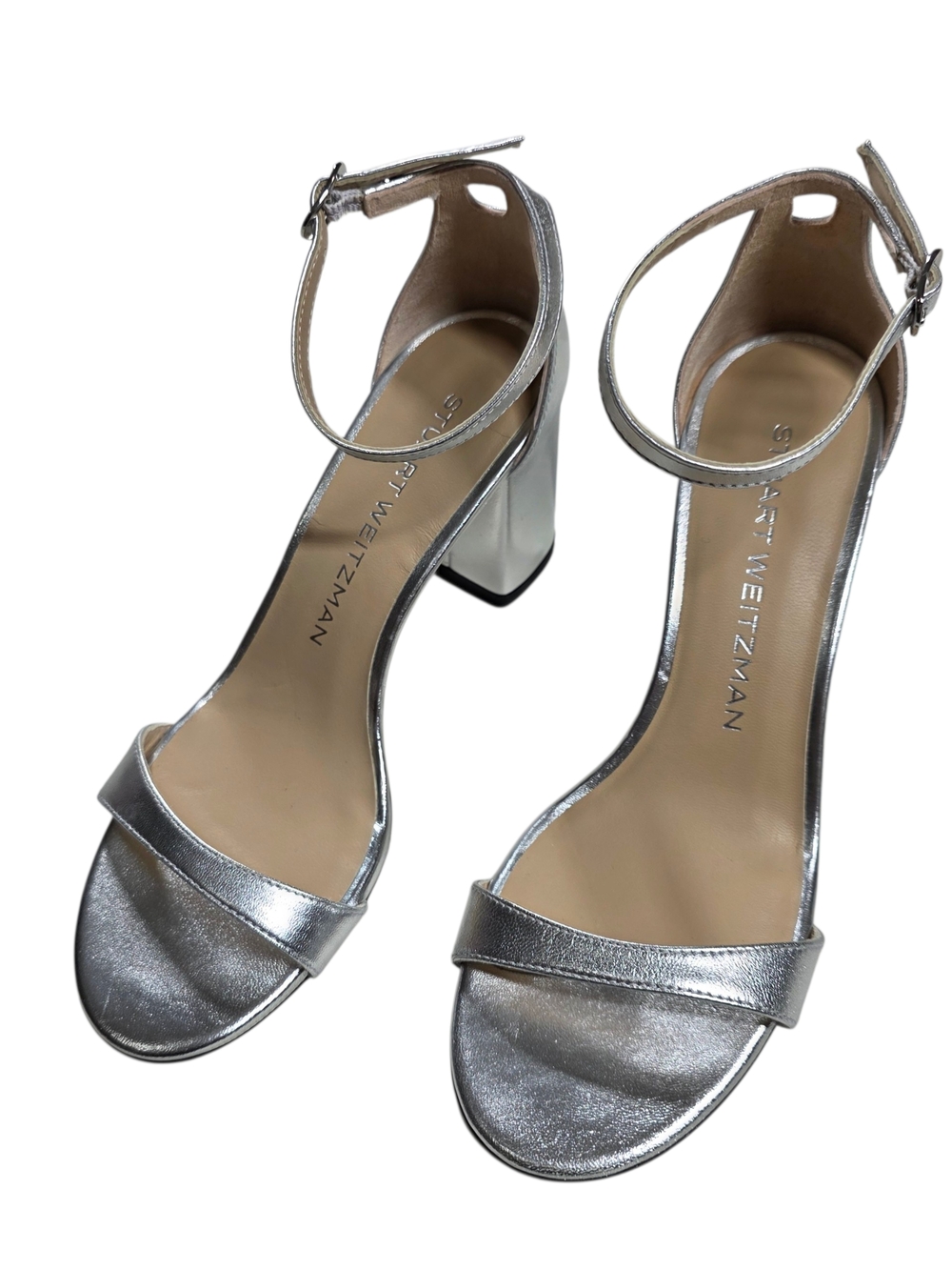 Stuart Weitzman Metallic Silver Ankle-Strap Block Heel Sandals